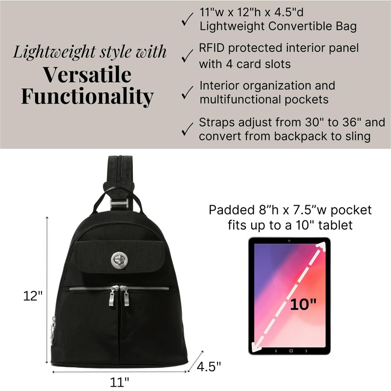 Baggallini Naples Convertible Backpack - Travel Sling Crossbody - 12"