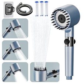 Shower Head with Shower Hose 1.5M, Ion Drops Shower Head for Hard Water, 4 Modes Ion Drops Filtered Showerhead with ON/Off Switch, High Pressure Shower Heads to Clean Corner, Tub and Pets, Blue-K01