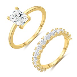 FUNEIA Cubic Zirconia Gold Rings for Women Non Tarnish Trendy Dainty 14K Gold Plated Stackable Princess Cut Fake Engagement Ring Set Diamond Wedding Promise Rings for Her Jewelry Size 6 7 8 9 10 11