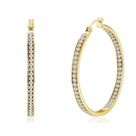 14K Gold Plated Inside-Out Rhinestone Hoop Earring Stainless Steel Crystal Cz Gold Hoop Earrings for Women (Gold-Tone-40mm)