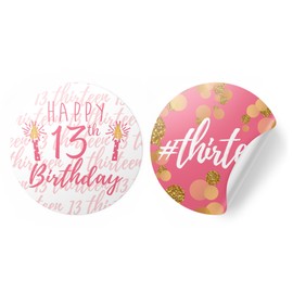 Pink and Gold Girl 13th Birthday Party Favor Stickers - 1.75 in - 40 Labels