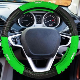 NICEASY Sport Style Black Carbon-Fiber Steering Wheel Cover with Green Grip Steering Wheel Accessory,Universal Fit 14.75-15 inch Steering Wheel