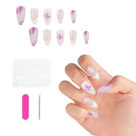 Auriselle Press on Nails Short 24 Pieces French False Short Almond Nails Artificial Nails White and Purple Colour Gradient on Nails with Design 3D Flower, Perfect for Manicure at Home