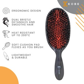 Kobe K80 Series Professional Dual-Bristle Cushion Paddle Brush - Boar Bristle Hair Brush - Smoothing Hair Brush for Blow Dry, Detangling & Straightening (Large)