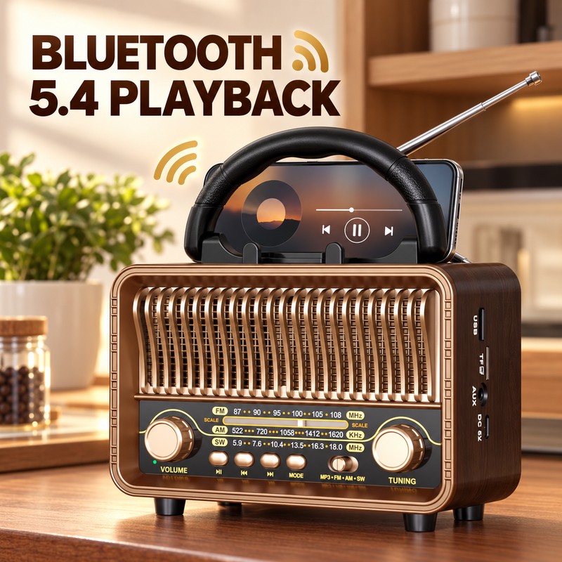 Retro Portable AM/FM/SW Radio with Bluetooth, AUX, TF Card, USB-C