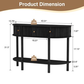 XUZENEST 43.3“ Fluted Half Moon Console Table, Modern Entryway Console Sofa Table with Storage, Narrow Wood Accent Tables Behind Couch Tables for Living Room, Hallway, Foyer(Black)