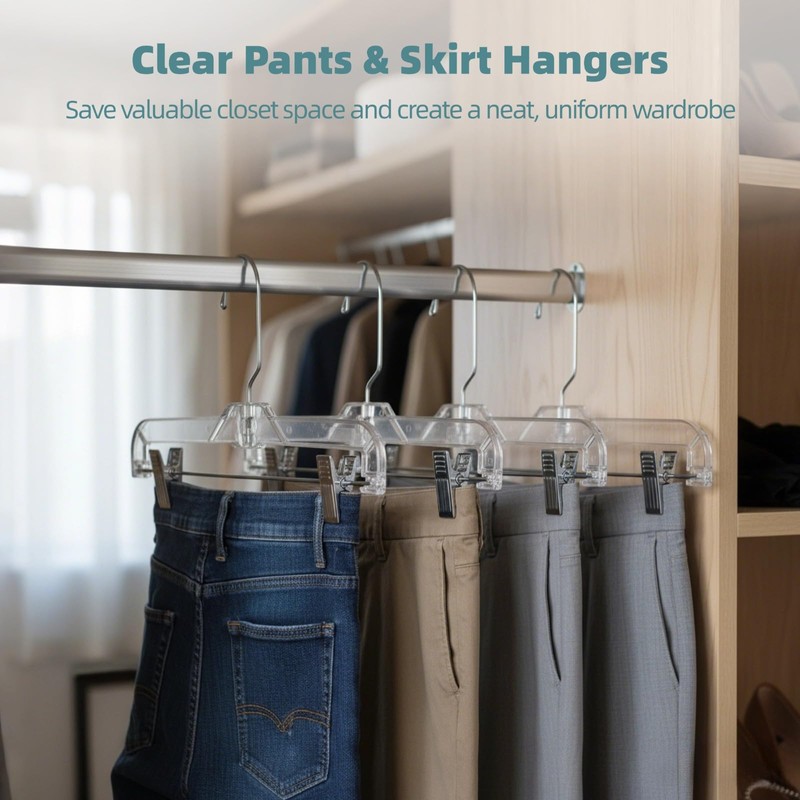 20 Pcs Clear Plastic Pant Hangers with Clips - 14"