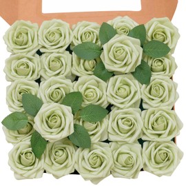 TINGE TIME Artificial Flowers 3" Rose, 25pcs Foam Fake Roses with Stem for DIY Wedding Decorations Bouquets Centerpieces Boutonniere Floral Arrangements Bridal Shower (Green Glow)