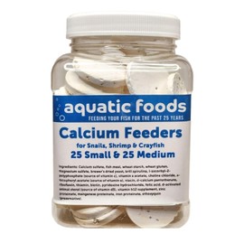 Aquatic Foods Inc. Calcium Enriched Sinking Feeder Disks for Shrimp, Snails, Crabs, Crayfish, Hermit Crabs, Plecos, Catfish, All Tropical Fish. 25 Small & 25 Medium Discs Small Jar