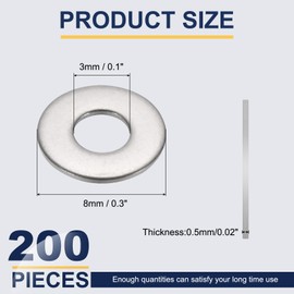 uxcell M3 Flat Washer for Screw, 200Pcs 304 Stainless Steel Washers 3MM ID x 8MM OD x 0.5MM Thick for Bolts, Factories Repair, Kitchens, Shops, and Outdoor Construction (Silver Tone)