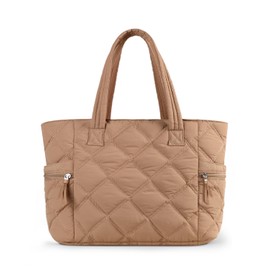 Prite Quilted Tote Bag for Women, Lightweight Puffer Tote with Zipper, Travel Work Nurse Gym Bag(Brown)