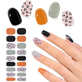 Leopard Semi Cured Gel Nail Strips, Leopard Print Gel Nail Stickers Long Lasting Black Animal Winter Semicured UV Nail Wraps UV Light Required for Women Girls(20Pcs)