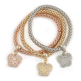 Avalaya Gold/Silver/Rose Gold/Set Of 3 Thick Mesh Flex Bracelets with Butterfly Charm/Size M/L