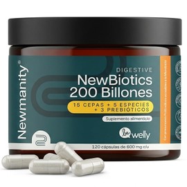 NEWMANITY 200 Billones de Probióticos y Prebióticos con Magnesio - 120 Cápsulas Veganas para Hombre y Mujer con 15 Cepas y 3 Probiotics Lactobacilos para Salud Intestinal