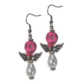 Earrings, Winged Gothic Angel Faux Pearl Gemstone Skull Teardrop Earrings Dangle Charm +GIFT BAG