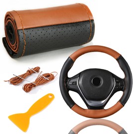 Genuine Leather Steering Wheel Cover, Steering Wheel Cover for Sewing, Universal Fit 37-39 cm Car Steering Wheels, Two-Tone Leather Steering Wheel Cover (Black Brown)