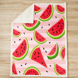 Feelyou - Manta de forro polar de sandía para niñas y niños, manta de felpa de frutas frescas, manta de sherpa de rayas rosas, manta mullida de verano para sofá cama, manta de 50 x 60 pulgadas