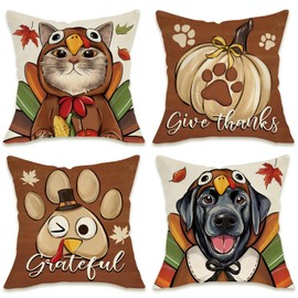 Fahrendom Thanksgiving Grateful Turkey Decorative Throw Pillow Covers 20 x 20 Set of 4, Fall Cat Labrador Dog Give Thanks Pumpkin Porch Patio Outdoor Pillowcase, Autumn Pet Paw Cushion Case Home Decor