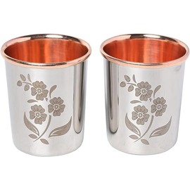 ANCIENTIMPEX Set of 2 Outer Stainless Steel and Inner Pure Copper Tumbler Floral Style for Ayurveda Health Benefits - 250 Ml (8.45 US Fl Oz) Capacity