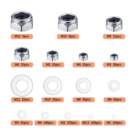Pack of 980 Locking Nuts with Flat Washers Assortment, Screw Locking Stainless Steel, Self-Locking Washers, Locking Washers, Hex Nuts - M2.5/M3/M4/M5/M6/M8/M10/M12