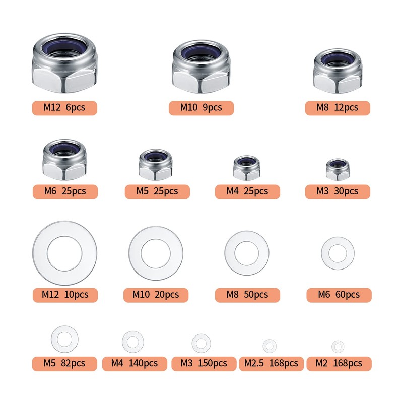 Pack of 980 Locking Nuts with Flat Washers Assortment, Screw