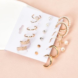 6 Pair Gold Hoop Earrings Set for Women Twisted Hoop Earrings Chunky Gold Hoop Earring Pearl Hoop Earrings for Women Girls Hypoallergenic Twist Earring Tiny Twist Earrings