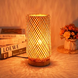 Arturesthome Bamboo Desk Light Woven Boho Beside Lamp Vintage Wicker Wooden Nightstand Lamp for Living Room,Kids Room,Nursery Room Decor