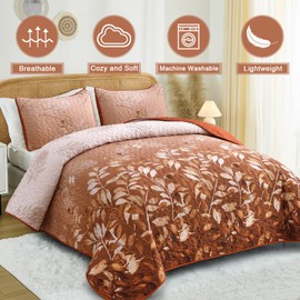 WONGS BEDDING Floral Quilt Set King Size,Fall Burnt Orange Botanical Leaves Print Bedspread Coverlet Set with 2 Pillowcases,Microfiber Farmhouse Bedding Set for All Season 104“x90