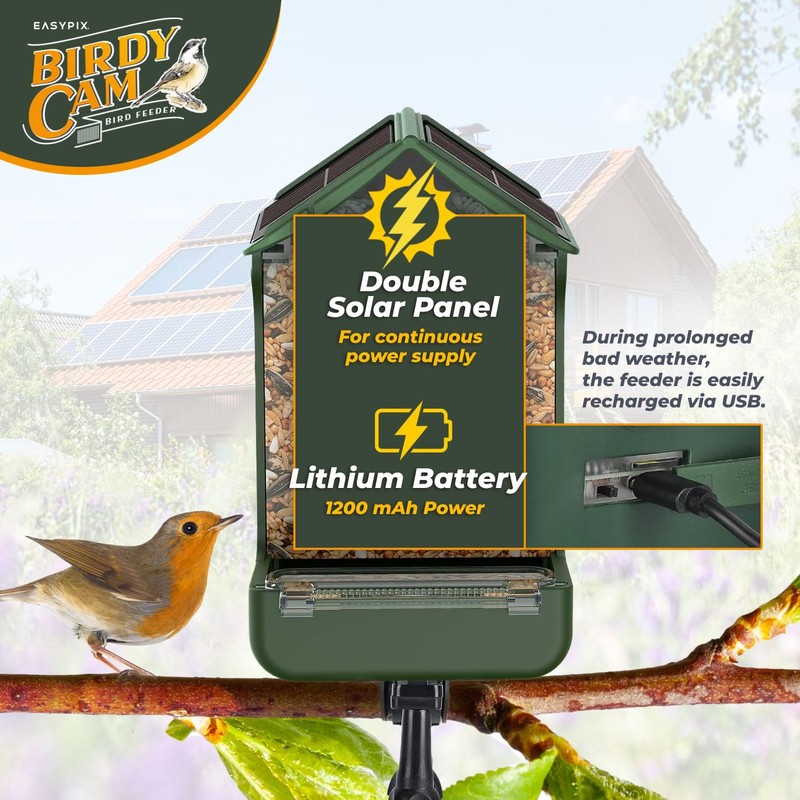 EASYPIX BirdyCam Solar Power Bird Feeder with Camera, Automatic HD