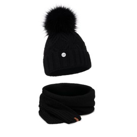 ELIMELI 19531 Women's Winter Hat Warm Knitted Hat with Bobble Slouch Knitted Beanie Women's for Winter Bobble Hat Made in EU Choice of Colours, Black - Scarf Set