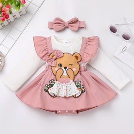 FYMNSI Newborn Baby Girl Cotton Long Sleeve Party Dress with Headband Cartoon Clothing Set Autumn Spring Clothing, Dark pink, 6-9 months