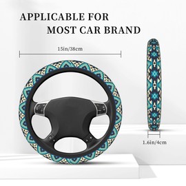 Cool Native American Tribal Steering Wheel Cover Universal Aztec Style Navajo Bohemian Wheel Protector for Men Women Non-Slip Auto Car Accessories Fit for Most Cars SUV Vans Trucks (Teal Geometric)