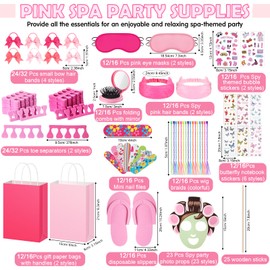 Pinkunn 247 Pcs Spa Party Favors for Girl Include Sleep Eye Mask Slippers Foldable Mirror Combs Hair Band Nail File Spa Day Photo Booth Props with Stick Gift Bags Stickers for Women Beauty Party