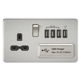 Knightsbridge SFR7USB4BC Screwless 1G 13A Switched Socket with Quad USB Charger 5V Dc 5.1A-Brushed Chrome with Black Insert, Silver