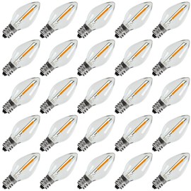 KGC 25Pack C7 LED Christmas Light Bulb, E12 Base Waterproof LED Bulbs for String Light, 0.6W 2200K Warm White 50LM, Clear Plastic Night Lights C7 LED Replacement Bulbs for Christmas String Lights.