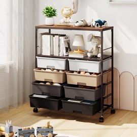 SYKIARIOL 8 Drawers Rolling Storage Cart with Wooden Top, Multipurpose Utility Cart with Opening Shelf & Lockable Wheels, Storage Drawer Cart Organizer for Home Office Craft Room Classroom, Brown