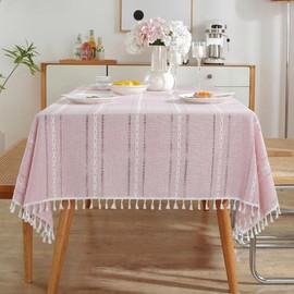 meioro Stitching Tassel Tablecloths,Stripe Table Cloth Cotton Linen Tablecloth,Textured Fabric Table Cover,Wrinkle Resistant Table Covers for Kitchen Dinning,Rectangle,55" X 70",4-6 Seats,Pink