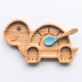 Moon and Moo Tortoise Bamboo Suction Plate and Spoon Set for Kids, Toddlers and Baby Weaning - Non-Toxic – Plastic Free - Stay Put - Baby Suction Plate - Baby Weaning Set (Blue)