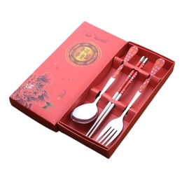 Chaungfu Portable Cutlery Set Reusable Travel Utensils, Stainless Steel Flatware Set, Camping Silverware with Case,3 Pcs Tableware, red peony Metal Chopsticks Spoon & Fork gift box Multicolor, 21x10