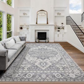 MaxRugrs 9x12 Area Rugs Living Room Washable Rugs- Stain Resistant & Non Slip,Grey Vintage Floral Print Rugs for Bedroom Dining Room Farmhouse Home Office,Large Retro Family&Pet Friendly Carpet