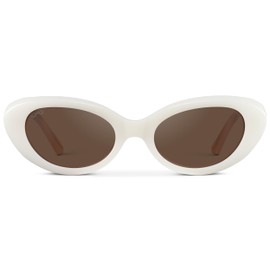 WMP Eyewear - Women's Polarized Cat-Eye Sunglasses, Oval Lenses, Thick Rounded Frame, 5-Barrel Hinges, Hand-Polished Design (Pearl White/Brown Lens)