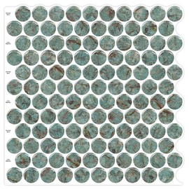 Artemuro 10-Sheets Premium Luxury Teal Green Marble Peel and Stick Backsplash Tile, 12×12 Inches Penny Round 3D Mosaic Decor Wall Tiles, Sticker on Backsplashes for Kitchen, Bathroom, Laundry Room