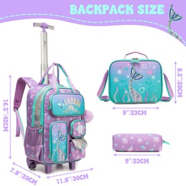 MYHSBYO Mermaid Rolling Backpack with Wheels for Girls School Rolling Backpack Kids Travel Luggage for Girls Ages 5-12
