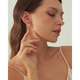 Gold Hoop Earrings Set for Women, 14K Gold Plated Lightweight Gold Earrings Sets for Multiple Piercing, Hypoallergenic Chunky Trendy Gold Earrings for Women Jewelry