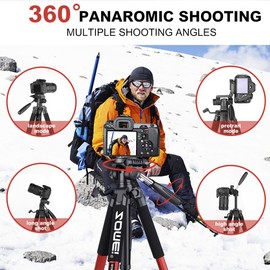 Camera Tripod, 74" Tripod for Camera Stand, Heavy Duty Tripod with Travel Bag for Projectors, Lasers, DSLR, Webcam, Aluminum Phone Tripod for Video Recording Photo Vlogging(Red)