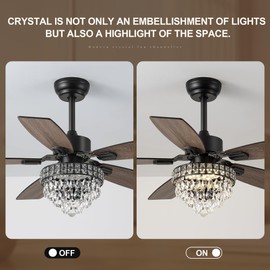 Esiovco Chandelier Ceiling Fans with Lights and Remote,42in Chandelier Fan Ceiling,Crystal Ceiling Fan Fandelier with Lights,6 Speed 3 Timer Quiet Ceiling Fan for Bedroom (Black, 52 Inch)