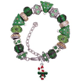 Delight Jewelry Silvertone Candy Cane with Green Bow Green Christmas Bead Bracelet, 7"+2"