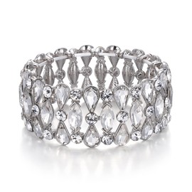 BriLove Wedding Bridal Bracelet for Brides, Teardrop Rhinestones Cluster Stretch Bangle for Women Clear Silver-Tone