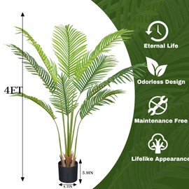 Faux Palm Tree 4ft(48in) Artificial Plants with Realistic Leaves and Trunks,Fake Floor Potted Tall Artificial Trees for Home Office Decor Indoor or Outdoor (4feet,4Pack)