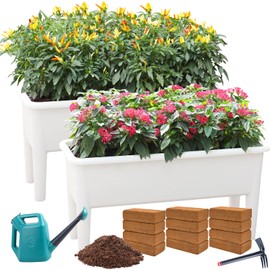 Oliz Growing Vegetable Basin with Coconut Bricks 17 Lbs, 2 Packs 31.5 Inch Growing Vegetable Planter Pot, High Foot Rectangle Pots for Vegetable Fruit Flower (White)